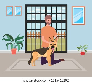 young man with cute dog mascot in the room house