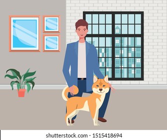 young man with cute dog mascot in the room house