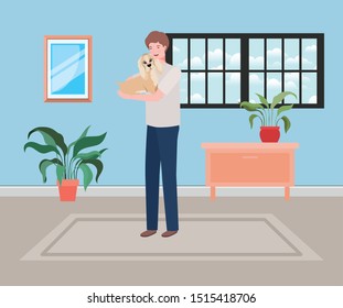 young man with cute dog mascot in the room house