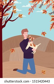 young man with cute dog mascot in the autumn camp