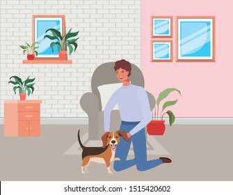 young man with cute dog mascot in the livingroom