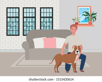 young man with cute dog mascot in the livingroom