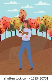 young man with cute dog mascot in the autumn camp