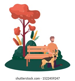 young man with cute dog mascot in the park vector illustration design