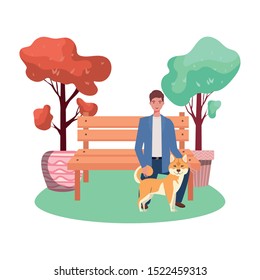 young man with cute dog mascot in the park vector illustration design