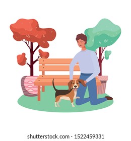 young man with cute dog mascot in the park vector illustration design