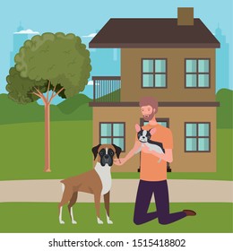 young man with cute dogs mascot in the outdoor house