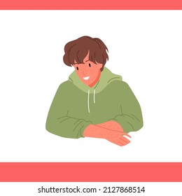 Young Man With Cute Face And Freckles On Skin Vector Illustration. Cartoon Portrait Of Freckled Boy Teenager Wearing Casual Hoodie, Funny Male Character Smiling Background. Puberty, Youth Concept