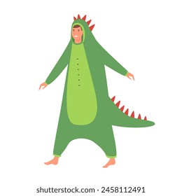 Young man in cute green dinosaur costume with tail, boy in kingurumi at pajama party vector illustration