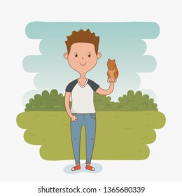 young man with cute guinea pig mascot