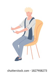 young man with cute hair sitting on a chair vector illustration design