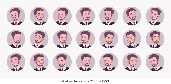 Young man, cute male avatar business portrait set, businessman bundle. Different feelings, strong emotions face icons, player character mood pic circles, impression. Vector illustration