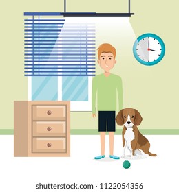 young man with cute mascot in the house