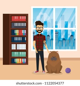 young man with cute mascot in the house