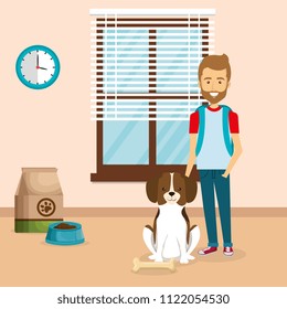 young man with cute mascot in the house