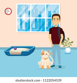 young man with cute mascot in the house