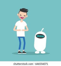 young man and cute robot laughing out loud / flat vector editable illustration