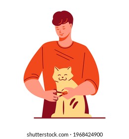 The Young Man Cuts The Claws Of The Cat. Pet Care Grooming Concept. Vector Illustration In Flat Style. Isolated On A White Background.