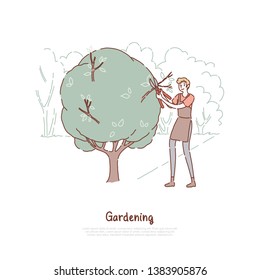 Young man cutting bush, guy in apron holding scissors, plant care, gardening service worker, summer horticulture banner