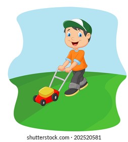 Young man cutting grass with a push lawn mower