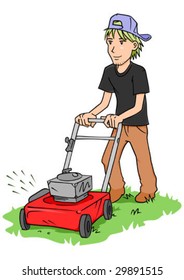 A young man cutting grass with a push lawn mower.