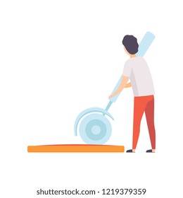 Young man cutting pizza with a huge knife, faceless man in casual clothes holding kitchen tool vector Illustration on a white background