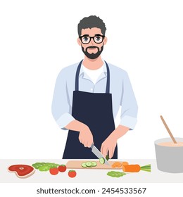 Joven cortando verduras con un cuchillo en la tabla de cortar, cocinando alimentos dietéticos. Ilustración vectorial plana aislada sobre fondo blanco