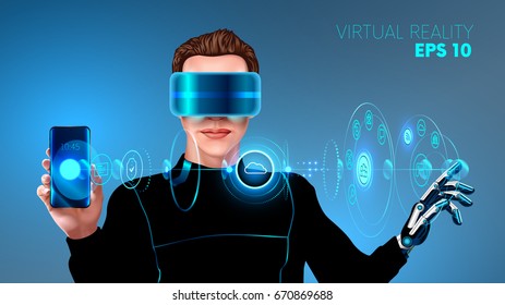 A young man in a cyber suit wearing virtual reality headset and touches the holographic interface. The application of virtual reality for smartphone. futuristic concept. VECTOR