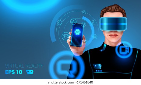 A young man in a cyber suit wearing virtual reality headset or glasses and touches the holographic interface ( HUD ). The application of virtual reality for smartphone. futuristic concept. VECTOR