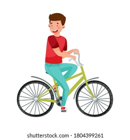 Young Man Cycling Along the Road Isolated on White Background Vector Illustration