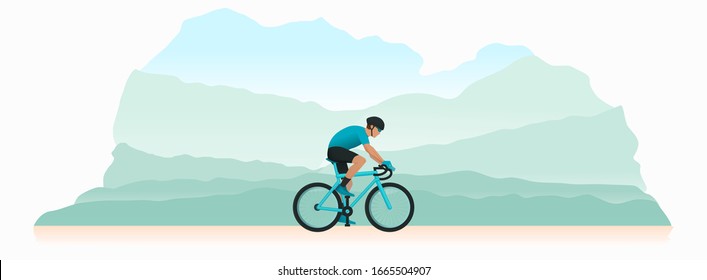 A Young man is cycling a bicycle. Sports activity. Athlete is riding a bike. Vector flat style illustration 