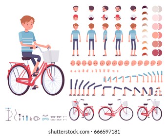 Young man cycling city bike, summer vacation look, fixing tools. Full length, different views, emotions, gestures, white background. Build your own design. Cartoon flat-style infographic illustration