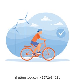A young man is cycling near a wind turbine. Promoting healthy lifestyles and sustainable energy. Circular economy concept. Flat vector illustration.