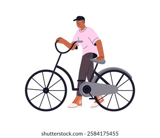 Young man cycling, rolls rental bike. Happy boy goes near bicycle while walk. Bicyclist does sport at ride. Cyclist, rider with transport. Flat isolated vector illustration on white background