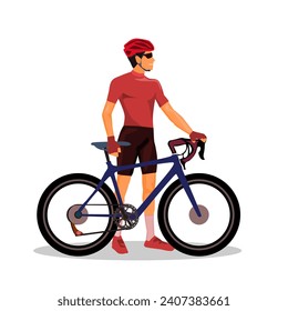 Joven ciclista de pie con bicicleta de carretera. Ilustración vectorial aislada en blanco.