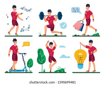 Young Man Daily Life Routine, Outdoor Activities Trendy Flat Vector Concepts Set. Active, Creative Guy Going Shopping, Listening Music and Dancing, Squatting with Barbell, Ridding Scooter Illustration