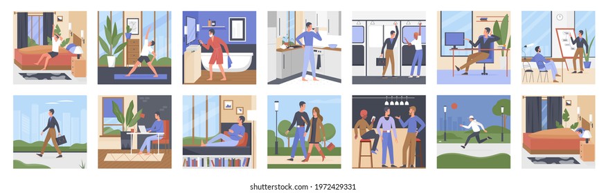 Young man daily lifestyle routine vector illustration set. Cartoon everyday life scenes of male character doing sports exercises in morning, drinking coffee, traveling to work, resting with friends