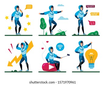 Young Man Daily Routine, Active Lifestyle Trendy Flat Vector Concepts, Life Situations Set. Male Teenager, Guy Chatting in Social Networks, Eating Sweets, Filling Stress, Generating Ideas Illustration