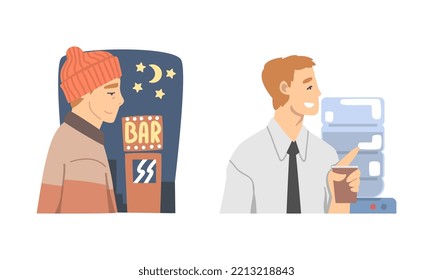 Young man daily routine set. Businessman walking home in evening and having coffee break cartoon vector illustration