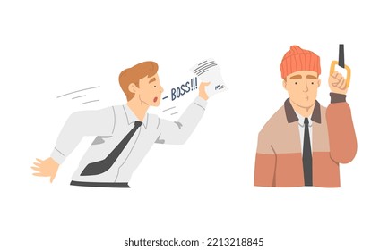 Young man daily routine set. Businessman working in office, man standing inside public transport cartoon vector illustration