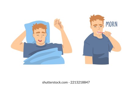 Junge Menschen haben täglich eine Routine. Junge schlafen nachts und putzen sich die Zähne am Morgen Cartoon Vektorgrafik
