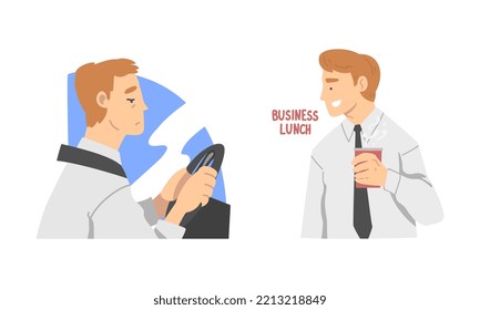 Young man daily routine set. Businessman driving to work and having lunch cartoon vector illustration