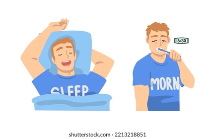 Young man daily routine set. Guy sleeping at night and brushing his teeth at bedtime cartoon vector illustration
