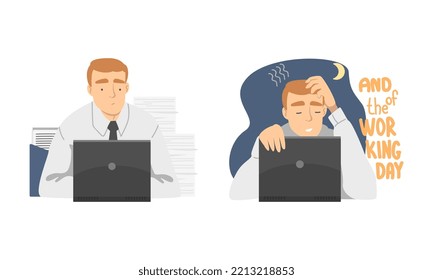 Young man daily routine set. Businessman working at computer in office cartoon vector illustration