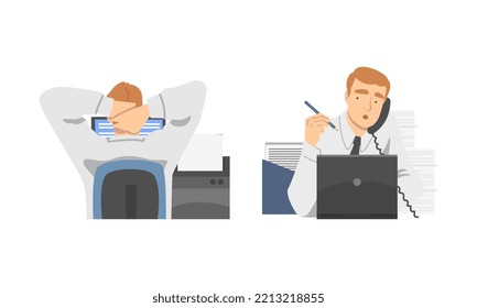 Young man daily routine set. Businessman working at computer and talking on phone in office cartoon vector illustration