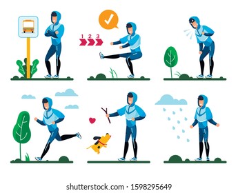 Young Man Daily Routines, Life Situations, Healthy Lifestyle Activities Trendy Flat Vector Concepts Set. Man in Sportswear Waiting Buss on Stop, Overcoming Fitness Trainings Difficulties Illustrations