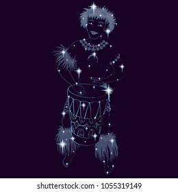 A young man, dancer Hula with a drum in the form of a night shining constellation. Background of the night sky, neon outline, stars. Vector illustration.