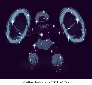 A young man, dancer Hula with fiery torches in traditional Hawaiian clothes for Hula dance in the form of a night shining constellation. Background of the night sky, neon outline, stars. Vector  