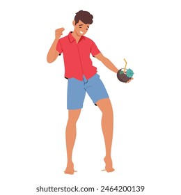 Un Joven Baila Alegremente En Una Fiesta En La Playa, Sosteniendo Una Bebida De Coco Con Una Paja Y Un Paraguas, Usando Ropa De Verano Informal. La Ilustración vectorial de dibujos animados representa relajación, disfrute, vibraciones tropicales