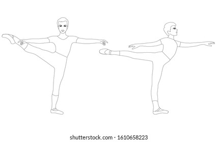 Young man is dancing ballet, training, sports exercises. Vector isolated painting art